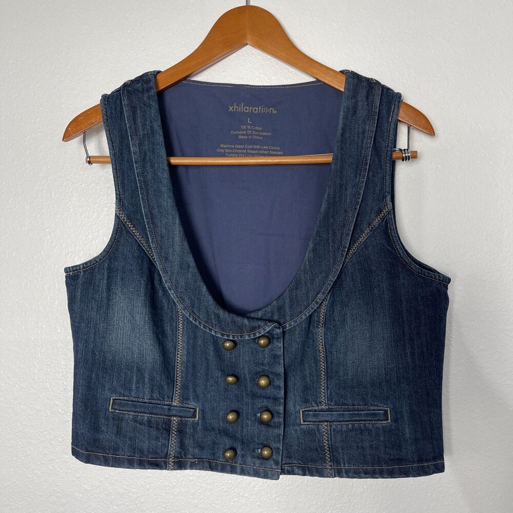 VTG 2000s Xhilaration Jean Vest L Cropped Scoop Neck Boho Western Indy Festival
